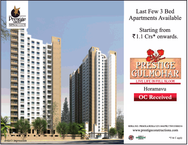 Last few 3 bed apartments available at Prestige Gulmohar, Bangalore Update